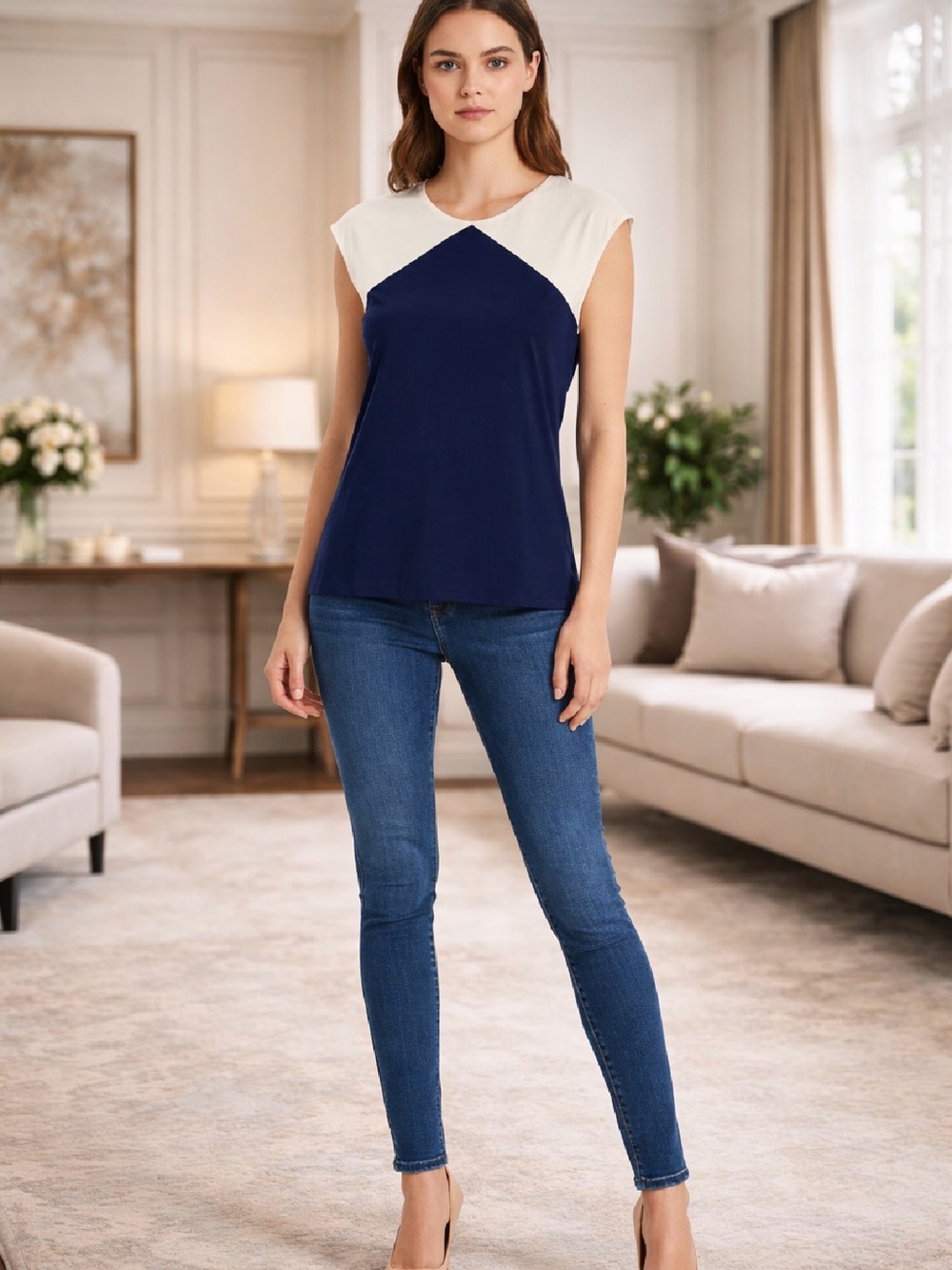 Ralph Lauren Navy and Cream Colorblock Cap-Sleeve Tank.Elegant, quiet luxury.